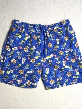 Buc-ee's Beaver Mascot Tropical Palm Tree Swim Trunks Board Shorts Blue Men's XL